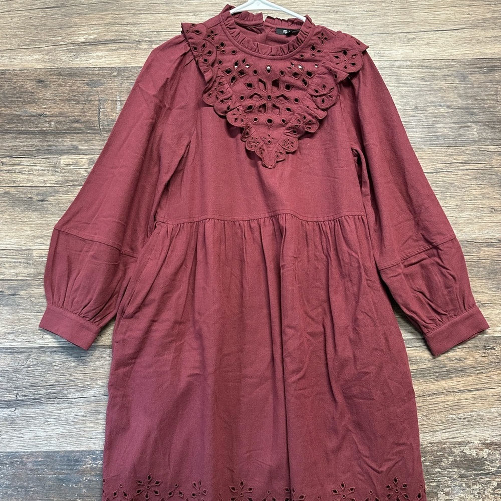Madewell Maroon Embellished Cut Out Dress with Bishop Sleeves